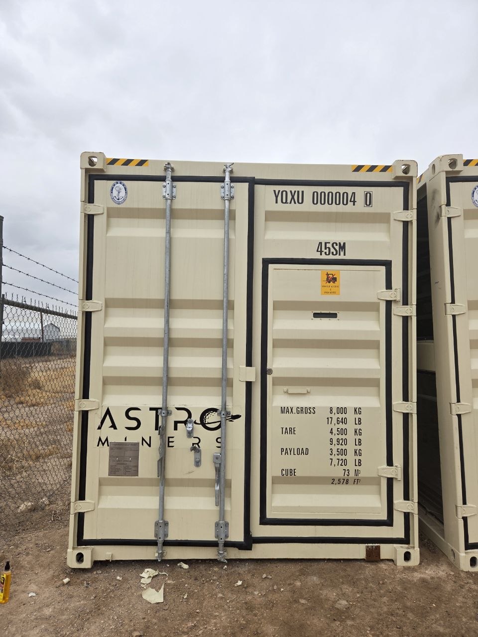 Astro Miners branded container door at the Odessa Texas facility serving Reeves County