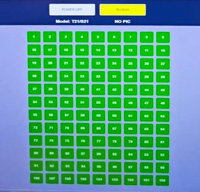 Bench rig monitor showing a T21/S21 hashboard test with all 108 ASIC chips passing in green